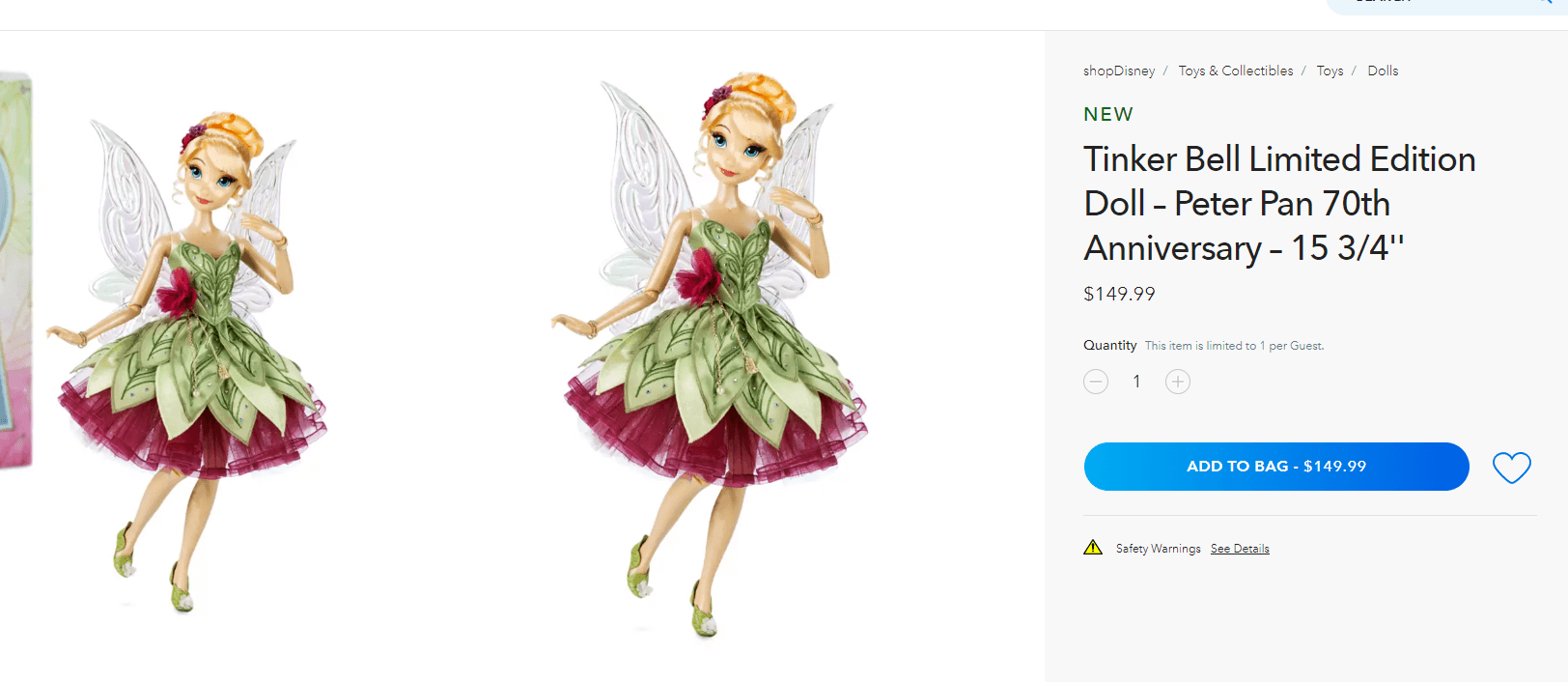 Кукла Tinker Bell Limited Edition — 70-летие Питера Пэна — 15 3/4 дюйма